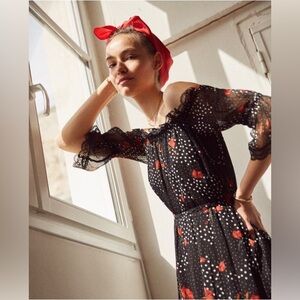 The Kooples Black Floral Polka Dot Off-Shoulder Mini Dress